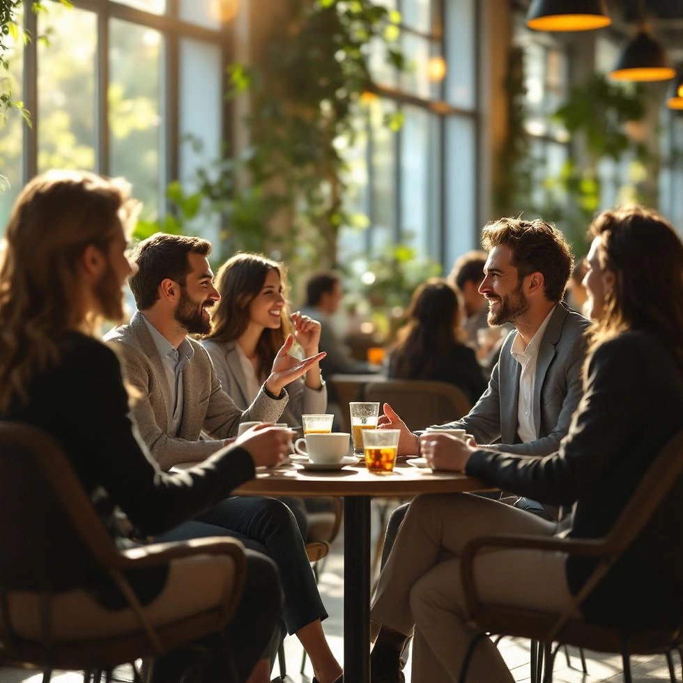 A small group sharing a relaxed conversation around a café table