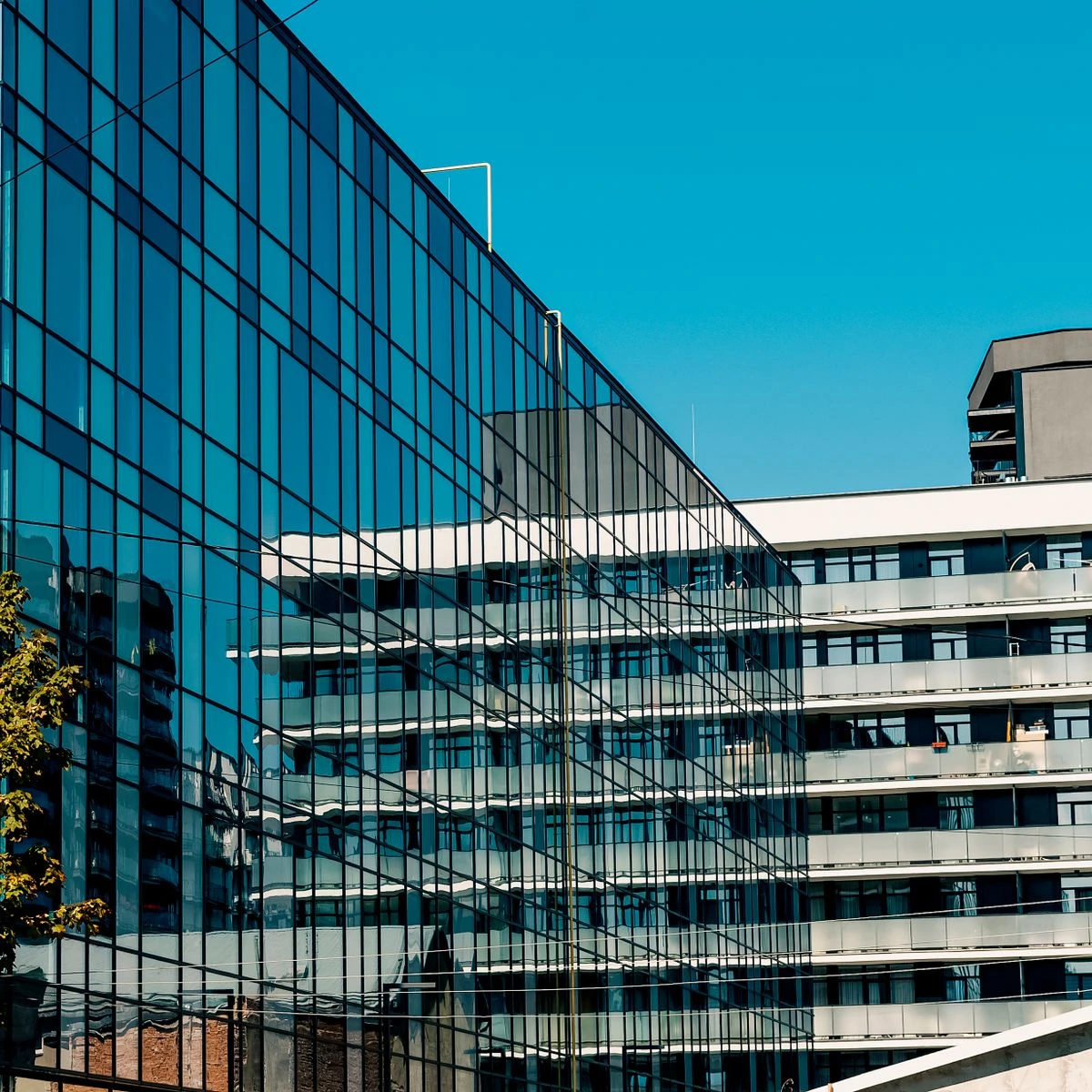 Modern architecture with reflective glass façades