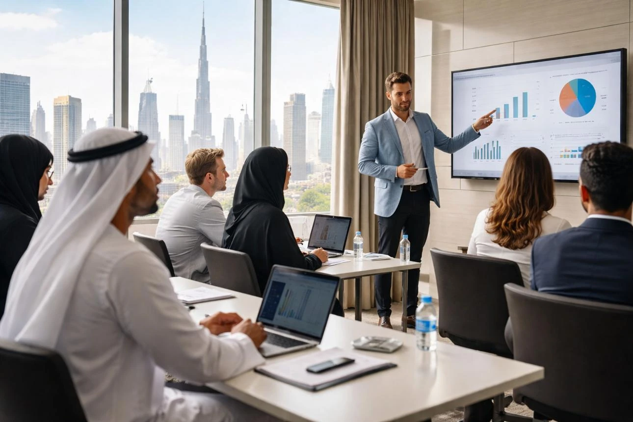 A trainer presenting financial concepts to participants in a modern learning space